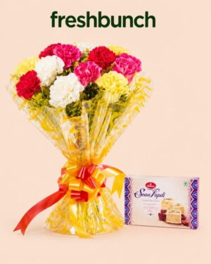 FreshBunch "Festive Glow" Mixed Carnations Bouquet & Haldiram's Soan Papdi Combo