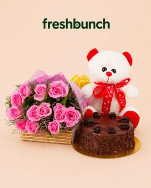 FreshBunch "Triple Treat" Luxury Pink Roses Basket, Chocolate Cake & Teddy Mega Combo
