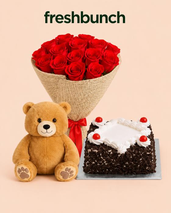 FreshBunch "Romantic Trinity" Red Roses Jute Bouquet, Black Forest Cake & Teddy Mega Combo