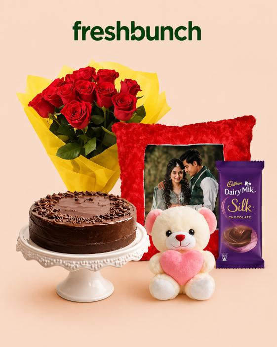 FreshBunch "Grand Romance" Personalized Photo Cushion, Roses, Cake & Teddy 5-in-1 Mega Combo