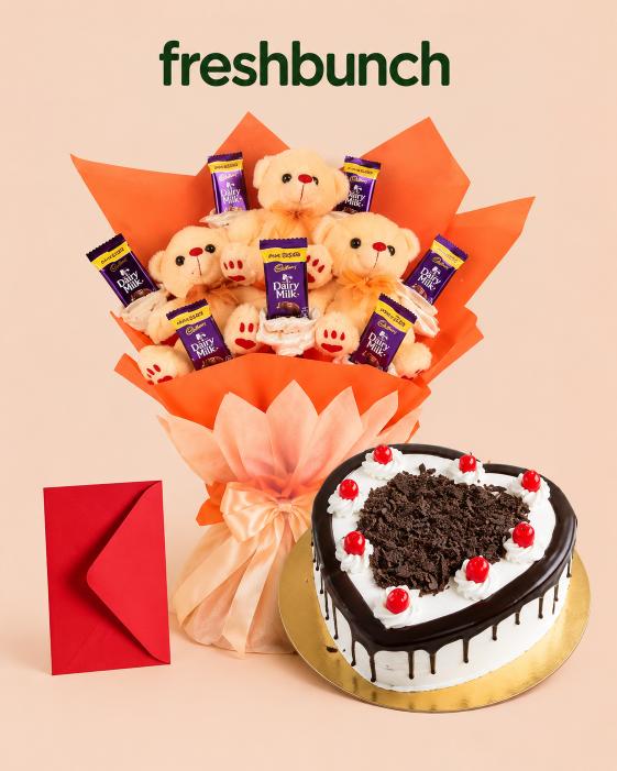 FreshBunch "Cute Surprise" Plush Teddy & Chocolate Bouquet, Heart Cake & Card Mega Combo