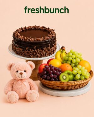 FreshBunch "Festive Harvest" Luxury Fruit Basket, Chocolate Cake & Teddy Mega Hamper
