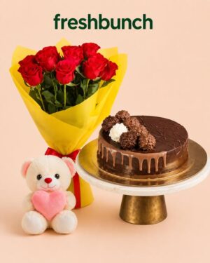 FreshBunch "Golden Romance" Premium Red Roses, Ferrero Rocher Cake & Teddy Mega Combo