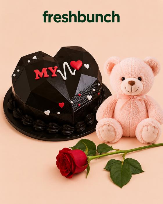 FreshBunch "My Heartbeat" Geometric Piñata Heart Cake, Rose & Teddy Mega Combo