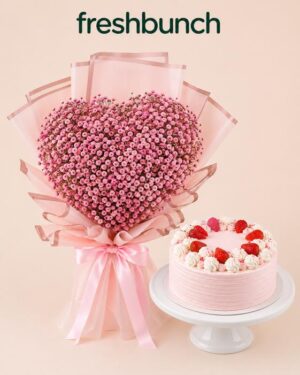 FreshBunch Heart Pink Gypsophila Bouquet & Strawberry Cake Combo