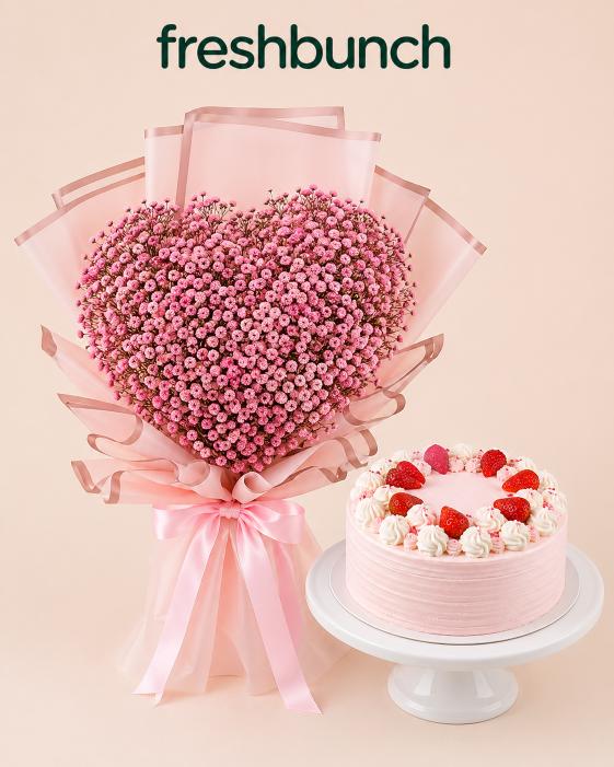 FreshBunch Heart Pink Gypsophila Bouquet & Strawberry Cake Combo