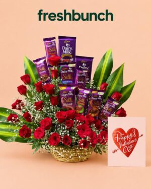 FreshBunch "Silk & Rose Infatuation" Grand Chocolate Bouquet Basket & Greeting Card