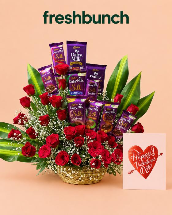 FreshBunch "Silk & Rose Infatuation" Grand Chocolate Bouquet Basket & Greeting Card