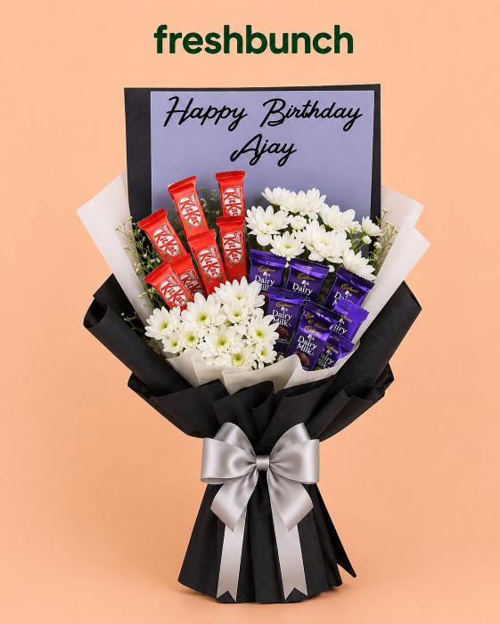 FreshBunch "Birthday Wishes" Customized Name Board, Mixed Chocolate & White Floral Bouquet