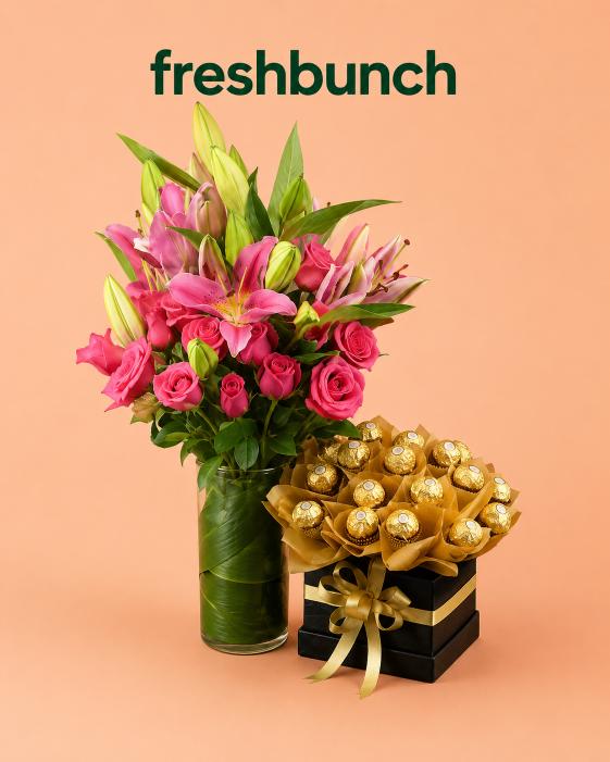 FreshBunch "Pink Majesty" Luxury Oriental Lilies Glass Vase & Ferrero Rocher Chocolate Box Combo