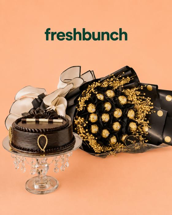 FreshBunch "Golden Opulence" Luxury Chocolate Truffle Cake & Ferrero Rocher Black Bouquet Combo