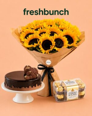 FreshBunch "Sunshine & Sweetness" Grand Sunflower Bouquet, Luxury Truffle Cake & Ferrero Rocher Combo