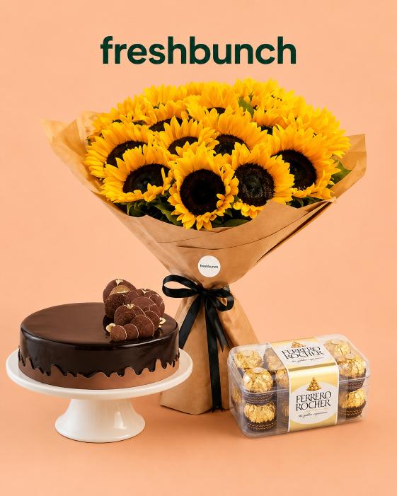 FreshBunch "Sunshine & Sweetness" Grand Sunflower Bouquet, Luxury Truffle Cake & Ferrero Rocher Combo