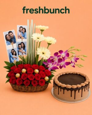 FreshBunch "Memory Lane" Customized Polaroid Photos, Exotic Flower Basket & Chocolate Drip Cake Combo
