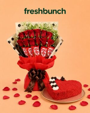FreshBunch "My Only Love" Red Rose & KitKat Bouquet with Heart-Shaped Red Velvet Cake Combo