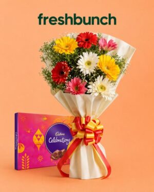 FreshBunch "Colorful Vibes" Mixed Gerberas Bouquet & Cadbury Celebrations Chocolate Combo