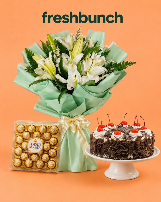 FreshBunch "White Elegance" Exotic Lilies Bouquet, 0.5 Kg Black Forest Cake & Ferrero Rocher Box Combo