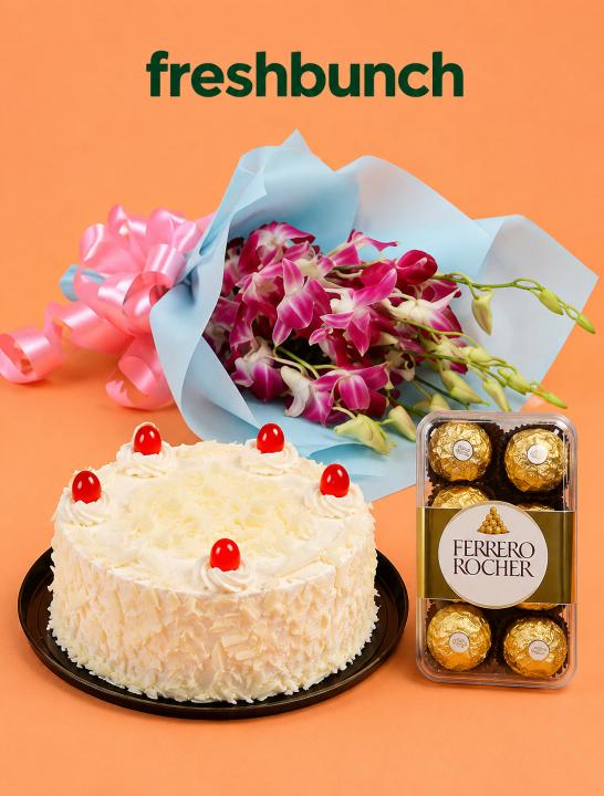 FreshBunch "Royal Orchid" Exotic Purple Orchids Bouquet, 0.5 Kg White Forest Cake & Ferrero Rocher Combo