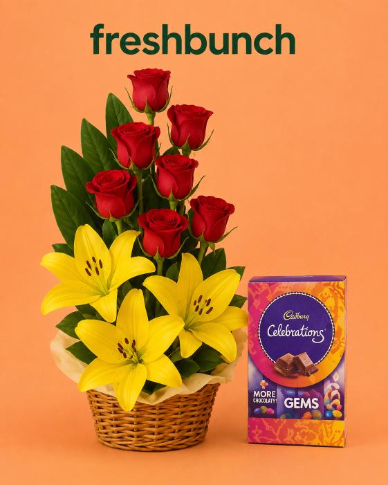 FreshBunch "Sunshine & Passion" Yellow Lilies & Red Roses Basket with Cadbury Celebrations Combo