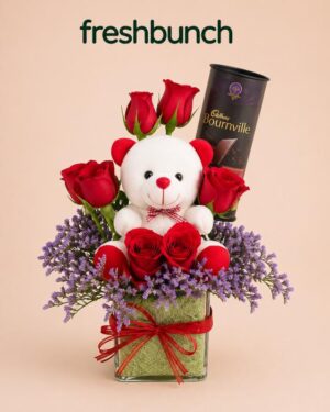 FreshBunch Red Roses Vase Arrangement & Bournville Teddy Combo