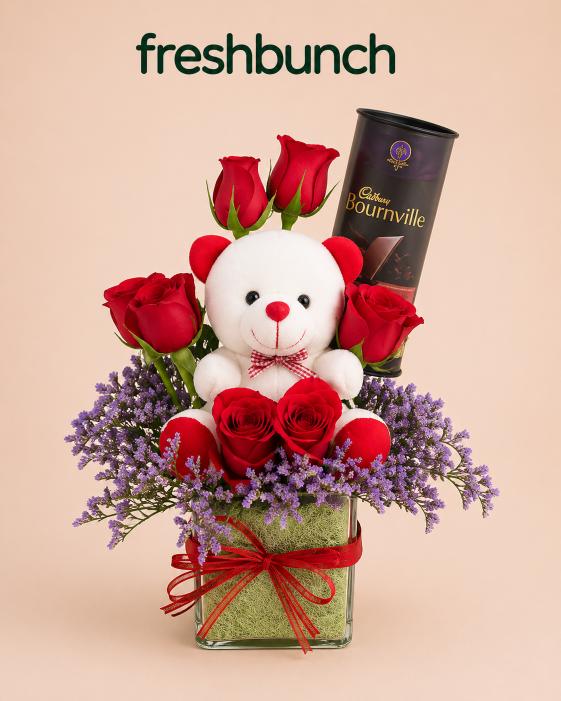 FreshBunch Red Roses Vase Arrangement & Bournville Teddy Combo