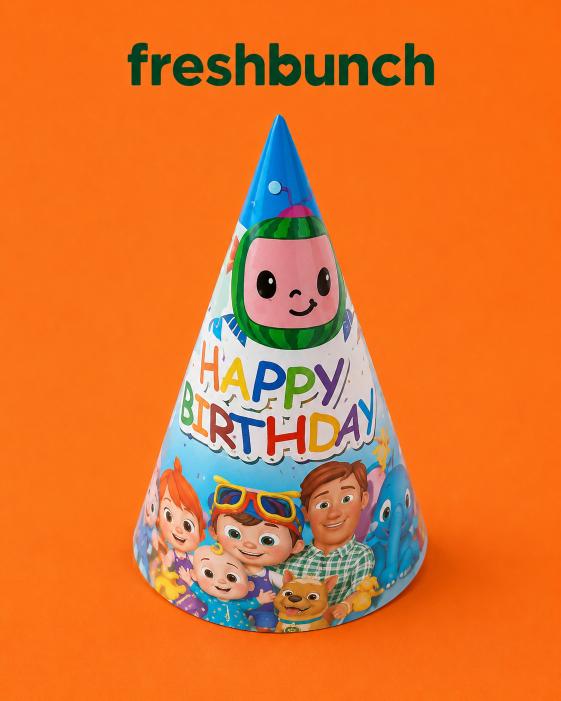FreshBunch Fun Cocomelon Theme Happy Birthday Party Conical Paper Hat