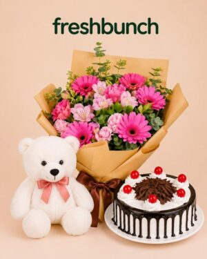 FreshBunch Pink Gerberas Bouquet, Black Forest Cake & Teddy Combo