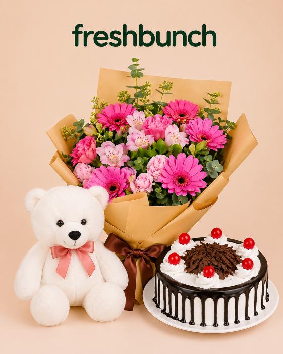 FreshBunch Pink Gerberas Bouquet, Black Forest Cake & Teddy Combo