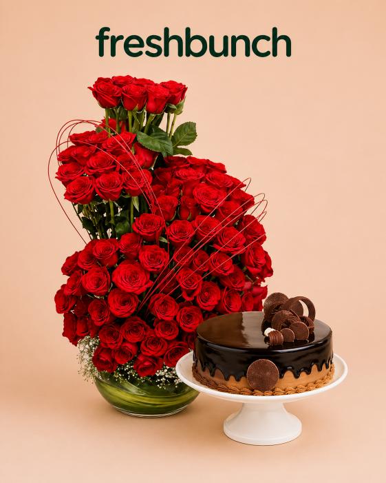 FreshBunch Grand Red Roses Premium Arrangement & Chocolate Truffle Cake
