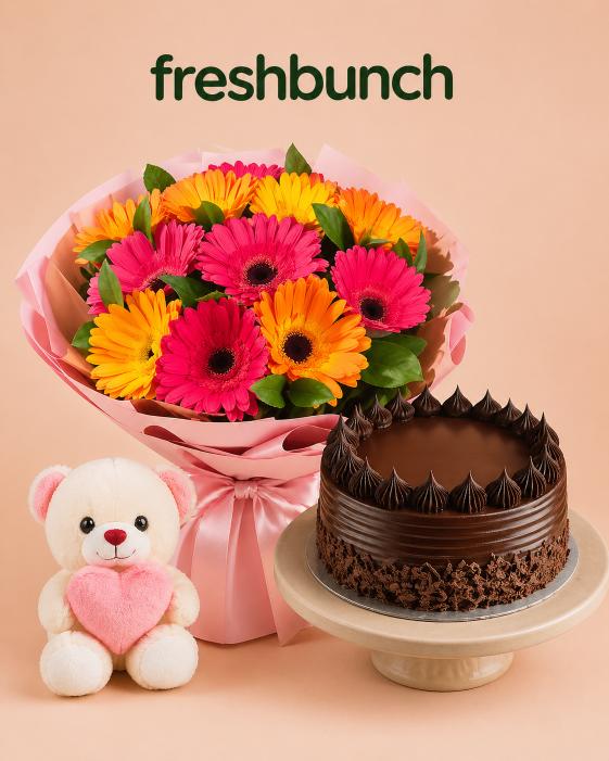 FreshBunch Mixed Gerberas Bouquet, Chocolate Truffle Cake & Pink Heart Teddy Combo
