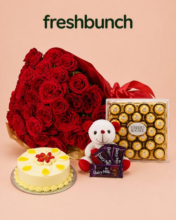 FreshBunch Grand Celebration Mega Gift Hamper with Red Roses, Cake & Chocolates