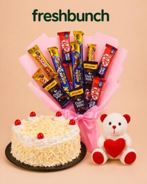 FreshBunch Chocolate Bouquet, White Forest Cake & Red Heart Teddy Combo