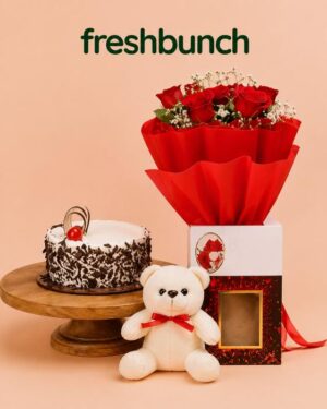FreshBunch Red Roses Box Bouquet, Black Forest Cake & Teddy Combo