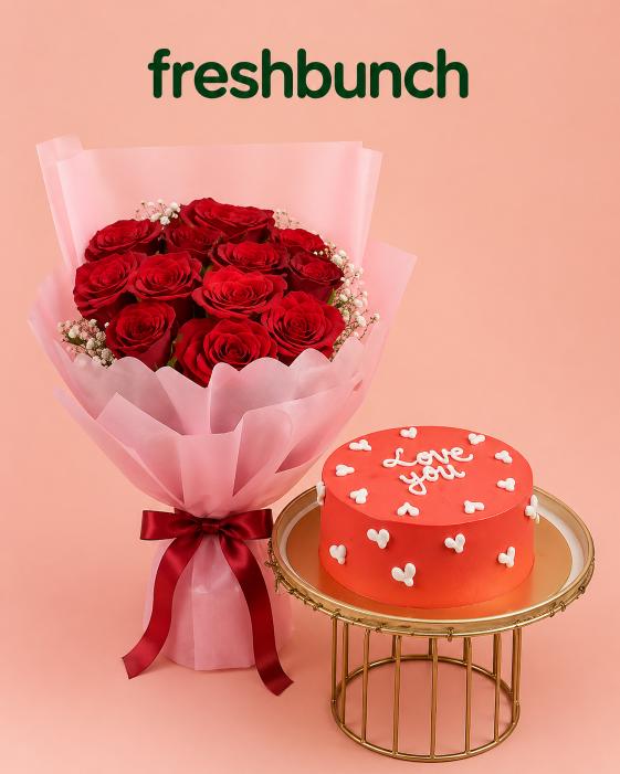 FreshBunch "Love You" Red Designer Cake & Premium Red Roses Bouquet Combo