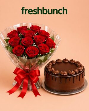 FreshBunch Red Roses Cellophane Bouquet & Chocolate Truffle Cake Combo