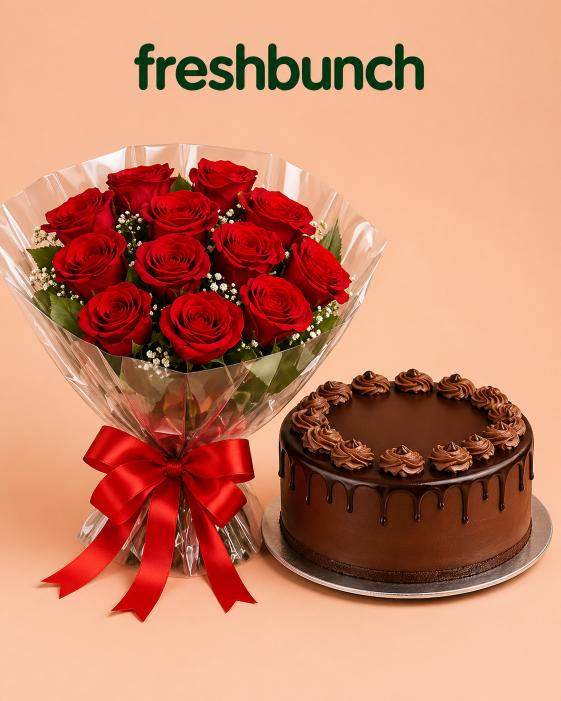 FreshBunch Red Roses Cellophane Bouquet & Chocolate Truffle Cake Combo