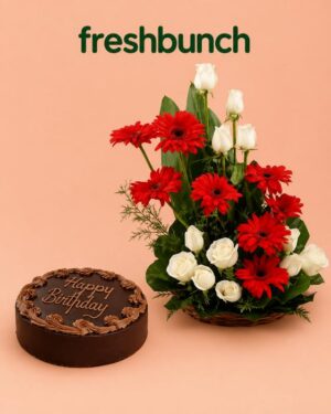 FreshBunch Red Gerberas & White Roses Basket with Happy Birthday Chocolate Cake Combo