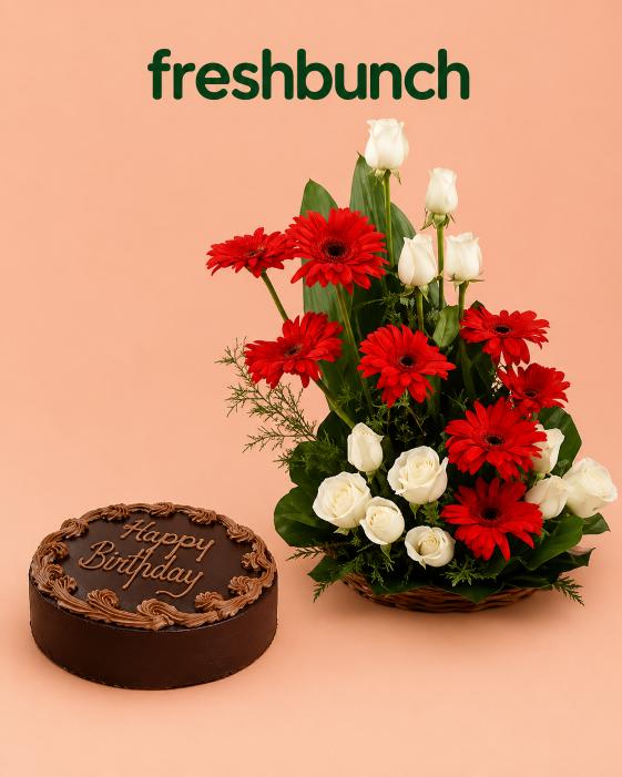 FreshBunch Red Gerberas & White Roses Basket with Happy Birthday Chocolate Cake Combo