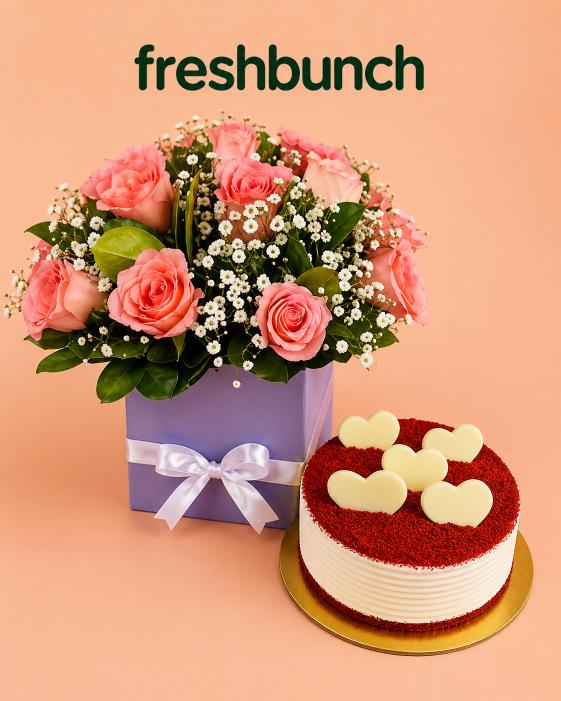 FreshBunch 15 Pink Roses Purple Box Arrangement & Red Velvet Cake (Half Kg) Combo