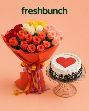 FreshBunch Assorted Vibrant Roses Bouquet & Heart Designer Cake (Half Kg) Combo