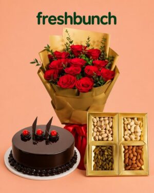 FreshBunch Premium Red Roses Gold Bouquet, Chocolate Cake (Half Kg) & Luxury Dry Fruits Combo