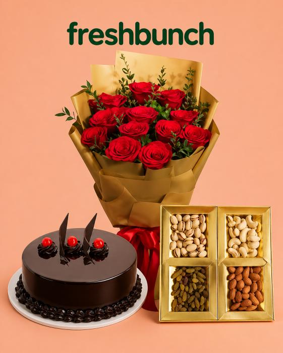 FreshBunch Premium Red Roses Gold Bouquet, Chocolate Cake (Half Kg) & Luxury Dry Fruits Combo