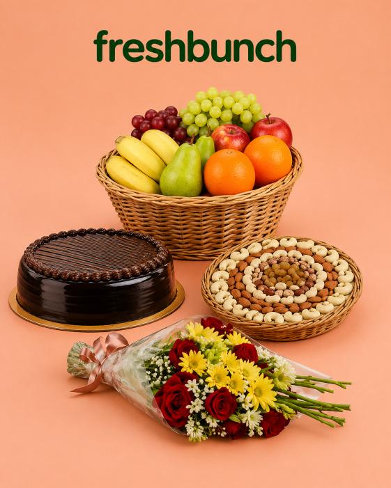 FreshBunch Ultimate Celebration Mega Hamper with Fruits, Flowers, Dry Fruits & Chocolate Cake (Half Kg)