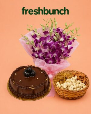 FreshBunch Purple Orchids Bouquet, Chocolate Cake (Half Kg) & Premium Dry Fruits 400gm Basket Combo