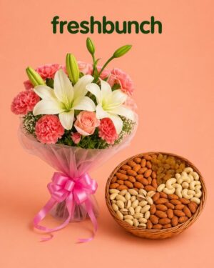 FreshBunch Exotic White Lilies & Pink Carnations Bouquet with Premium Dry Fruits 400gm Basket Combo