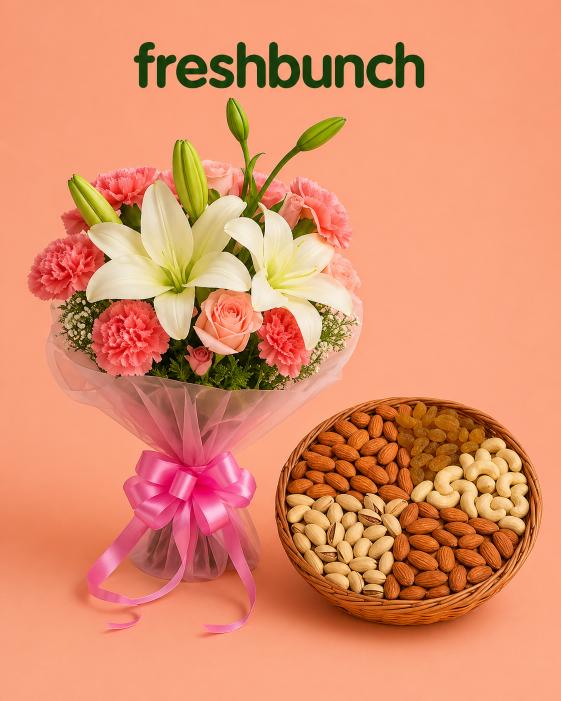 FreshBunch Exotic White Lilies & Pink Carnations Bouquet with Premium Dry Fruits 400gm Basket Combo