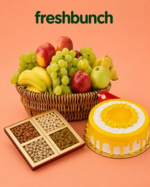 FreshBunch Premium Fruit Basket ( 3kg ), Designer Yellow Glaze Cake (Half Kg) & Luxury Dry Fruits 400gm Combo