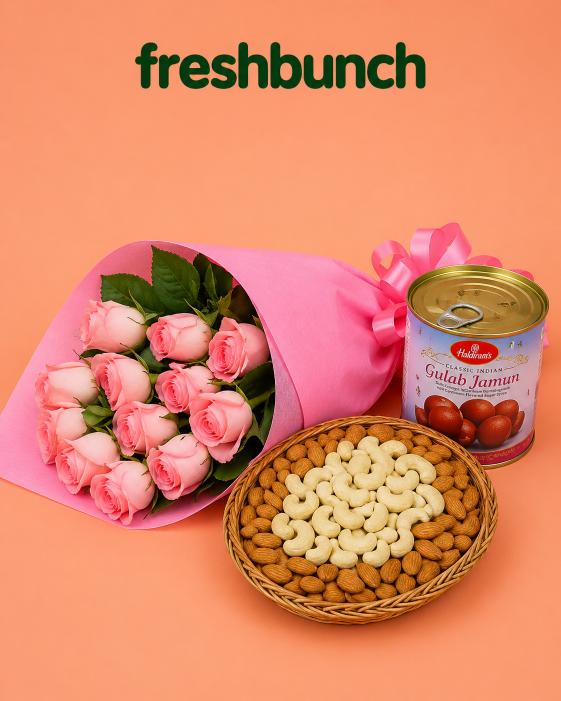 FreshBunch Elegant Pink Roses Bouquet, Haldiram's Gulab Jamun & Premium Dry Fruits 400gm Basket Combo
