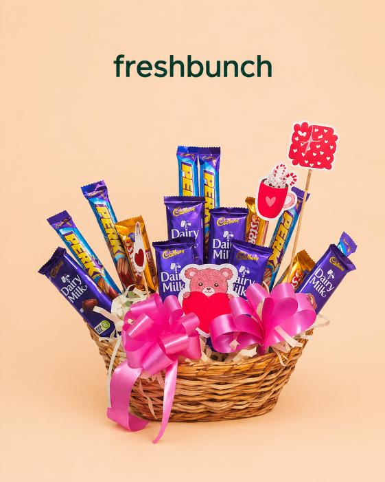 FreshBunch Delightful Chocolate Arrangement Basket with Dairy Milk, Perk & 5 Star