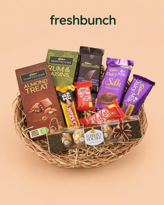 FreshBunch Assorted Premium Chocolate Gift Basket Hamper with Temptations, Silk & Ferrero Rocher